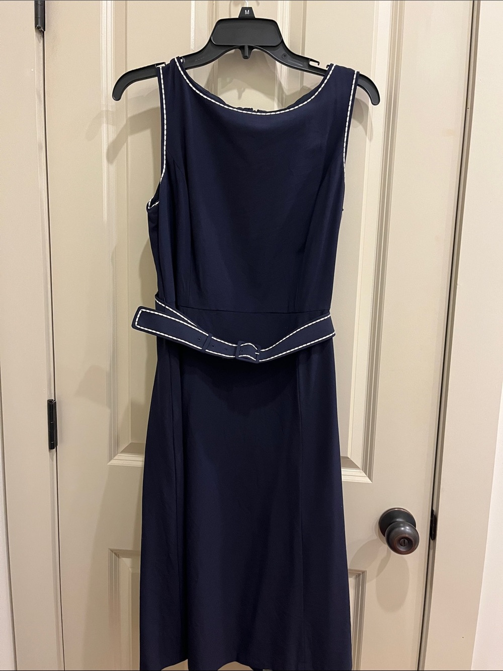 LOFT Navy Midi Dress with White Trim and Belt